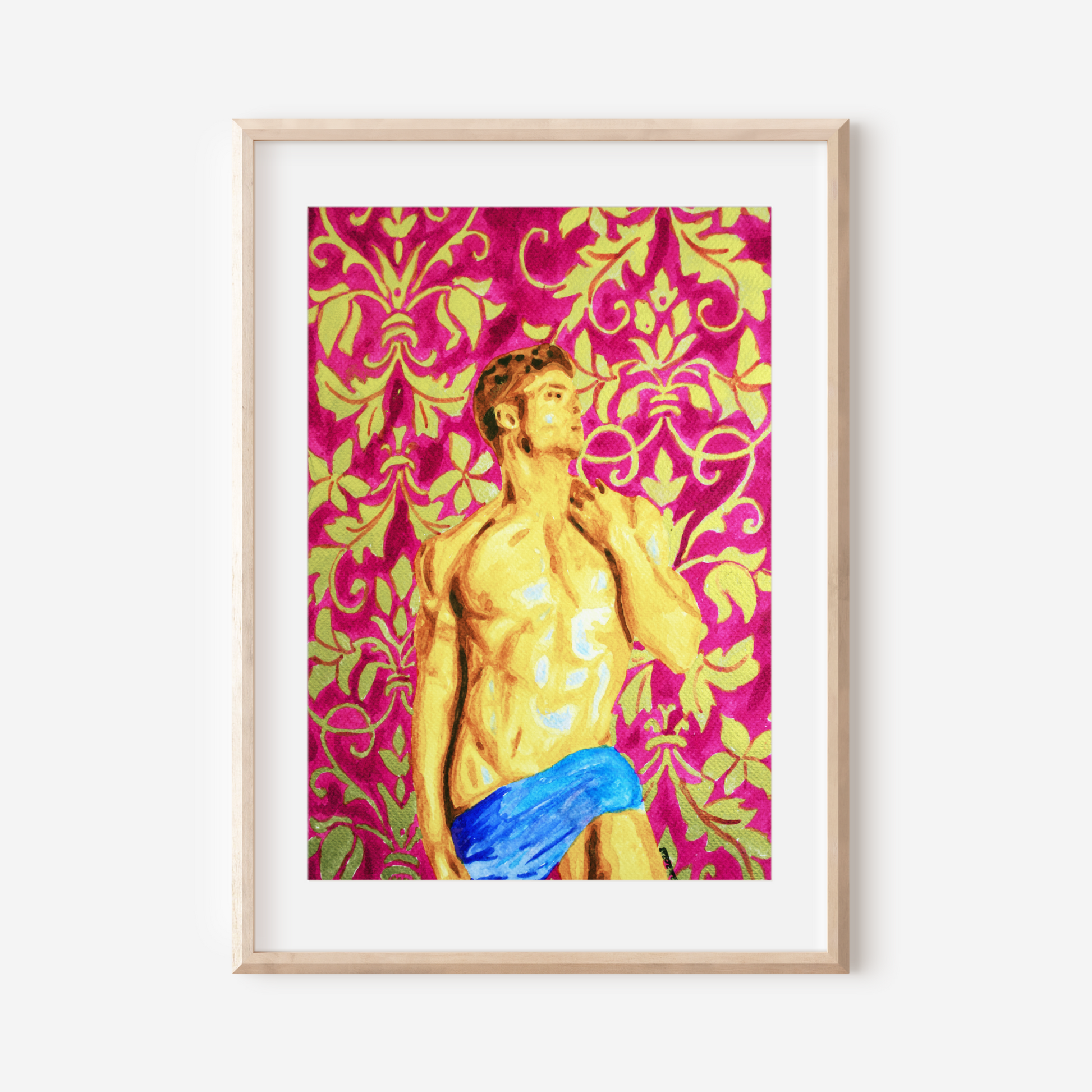 Greek-style muscular nude male with blue cloth and antique banana leaves in pink and gold