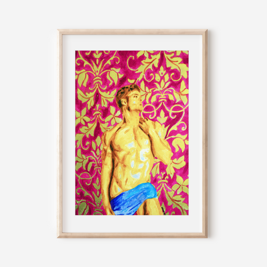 Greek-style muscular nude male with blue cloth and antique banana leaves in pink and gold