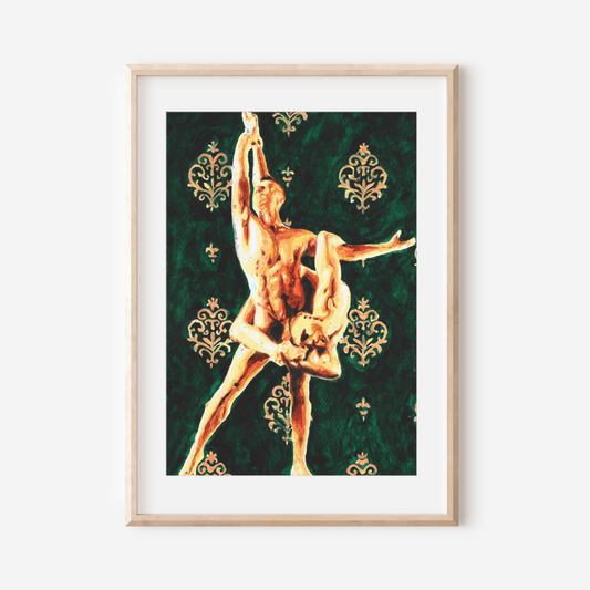Framed artwork of a nude dancer with decorative patterns on a green background