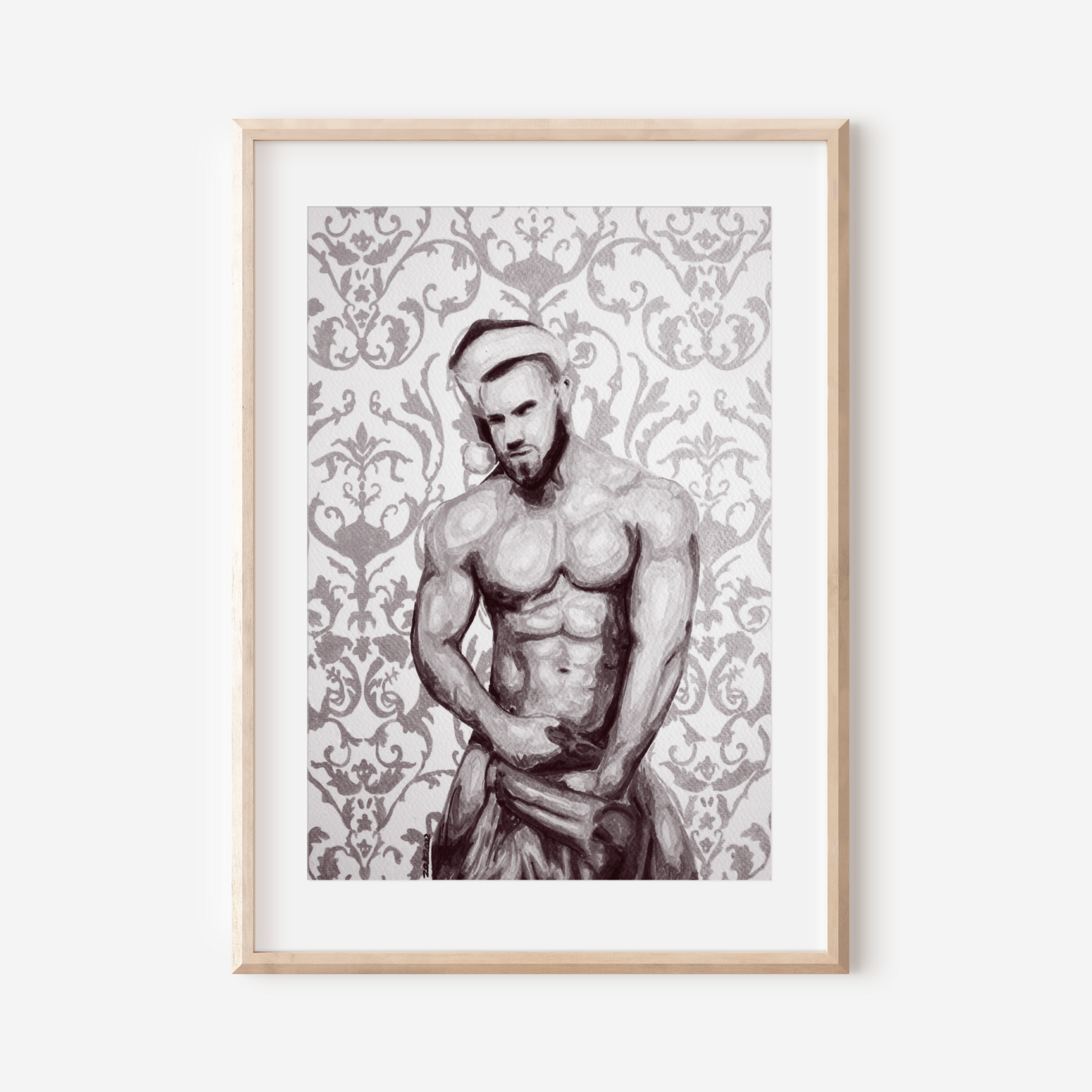 Framed artwork of a shirtless man with a decorative pattern on the wall