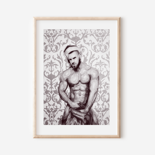 Framed artwork of a shirtless man with a decorative pattern on the wall