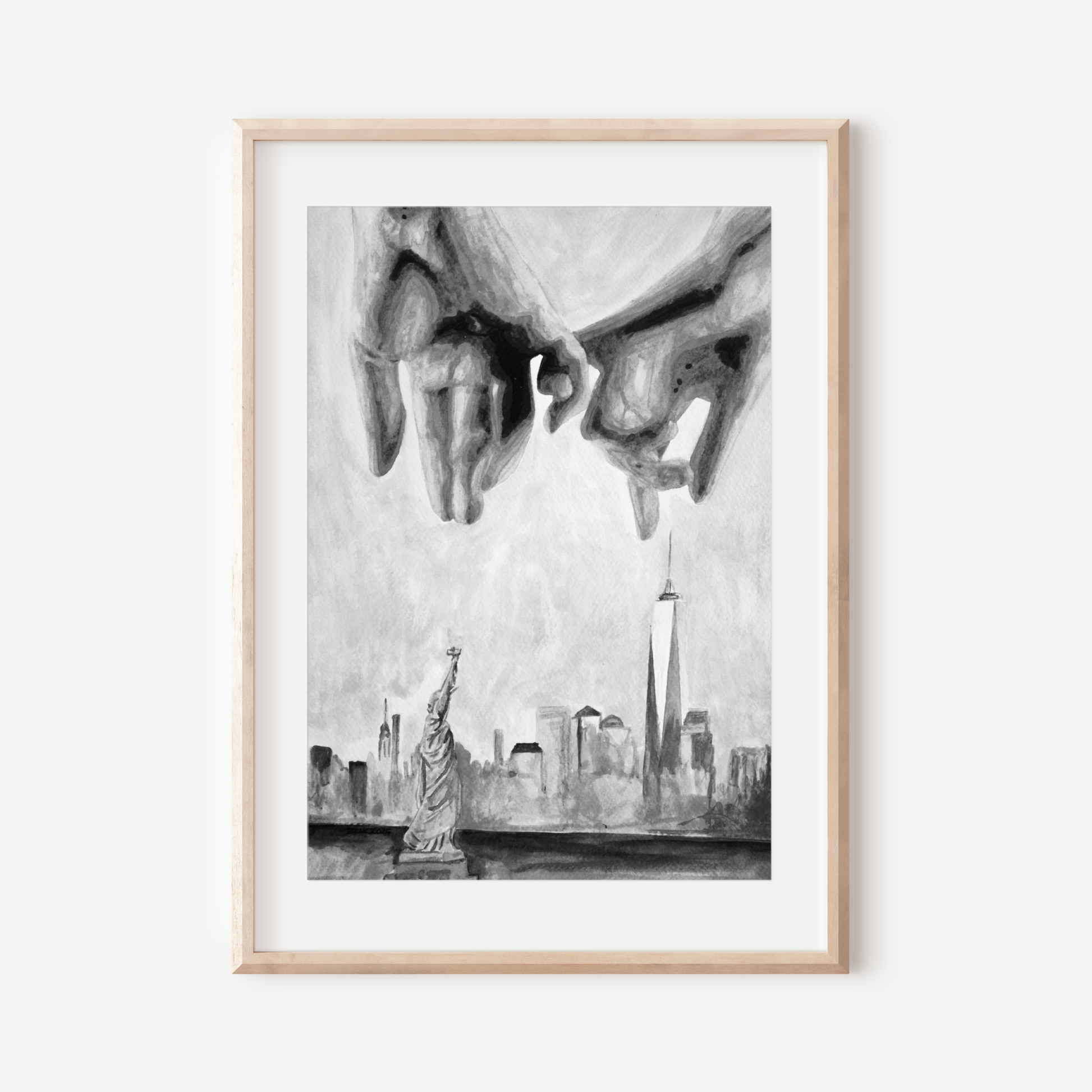 Black and white watercolor print of two gay men making a pinky promise with interlocked hands in the foreground. Behind them, the NYC skyline and Statue of Liberty are softly illustrated, symbolizing queer love and freedom.
