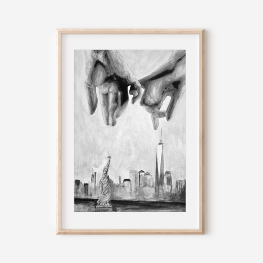 Black and white watercolor print of two gay men making a pinky promise with interlocked hands in the foreground. Behind them, the NYC skyline and Statue of Liberty are softly illustrated, symbolizing queer love and freedom.