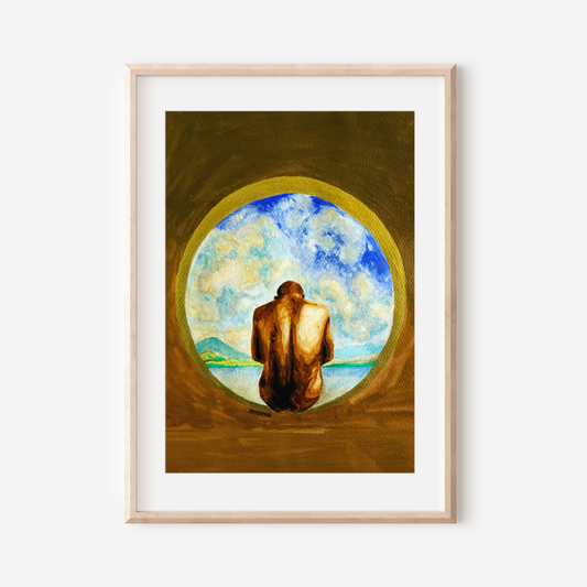 Framed artwork of a person looking at a circular window with a landscape view on a white wall.