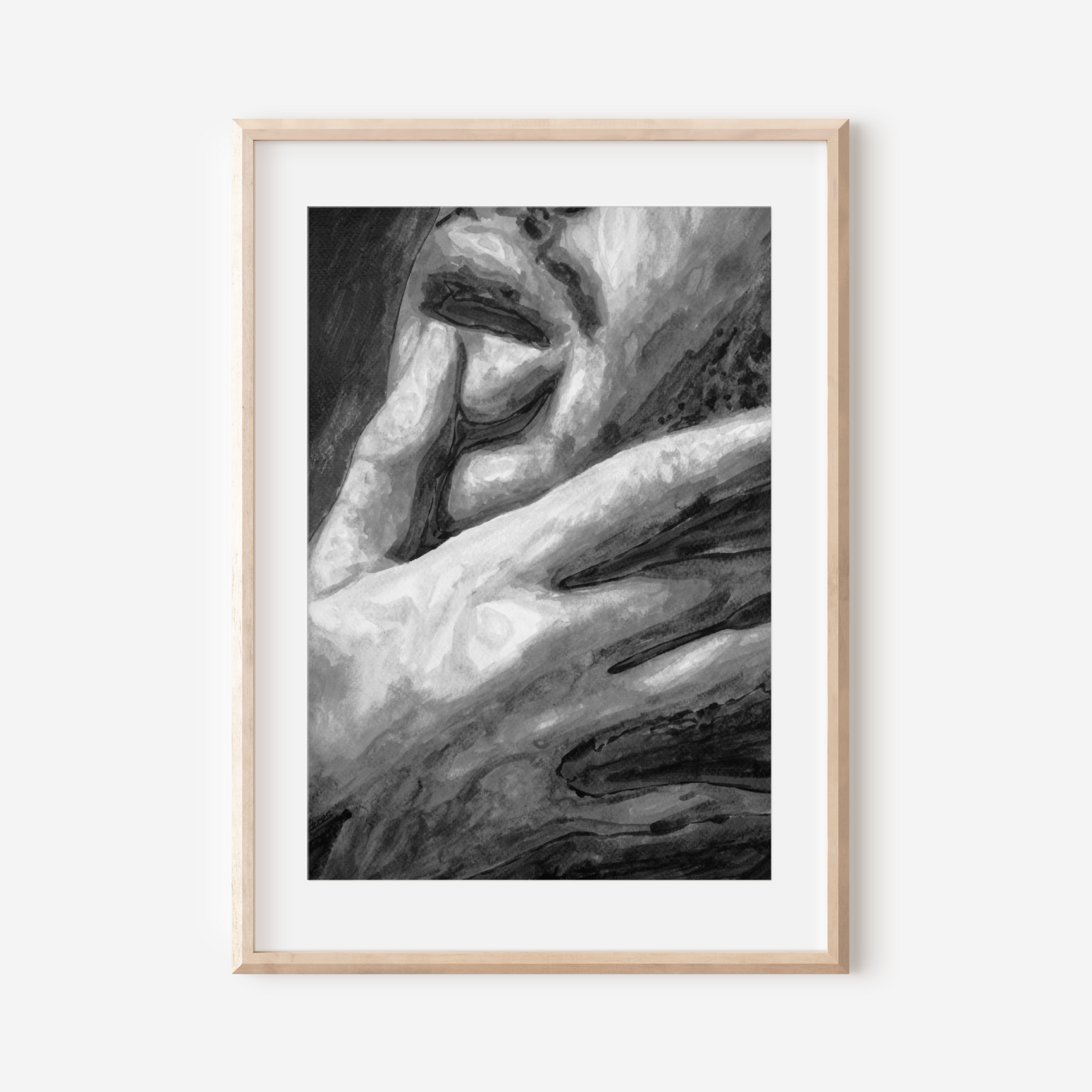 Black and white watercolor portrait of a queer man in side profile, touching his lips with his finger in a soft, expressive gesture.