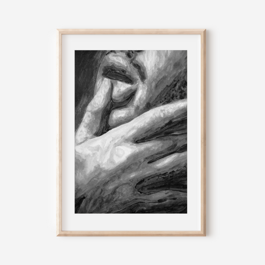 Black and white watercolor portrait of a queer man in side profile, touching his lips with his finger in a soft, expressive gesture.