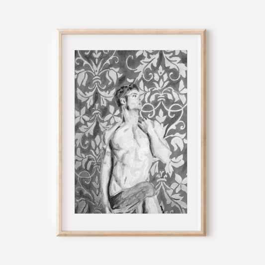 Black and white painting of a muscular male figure with a cloth wrap, standing like a Greek statue, surrounded by vintage floral background.