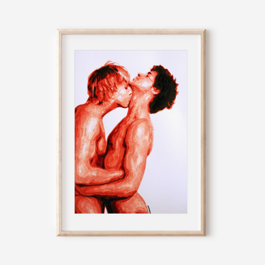 Framed artwork of two people embracing on a white background