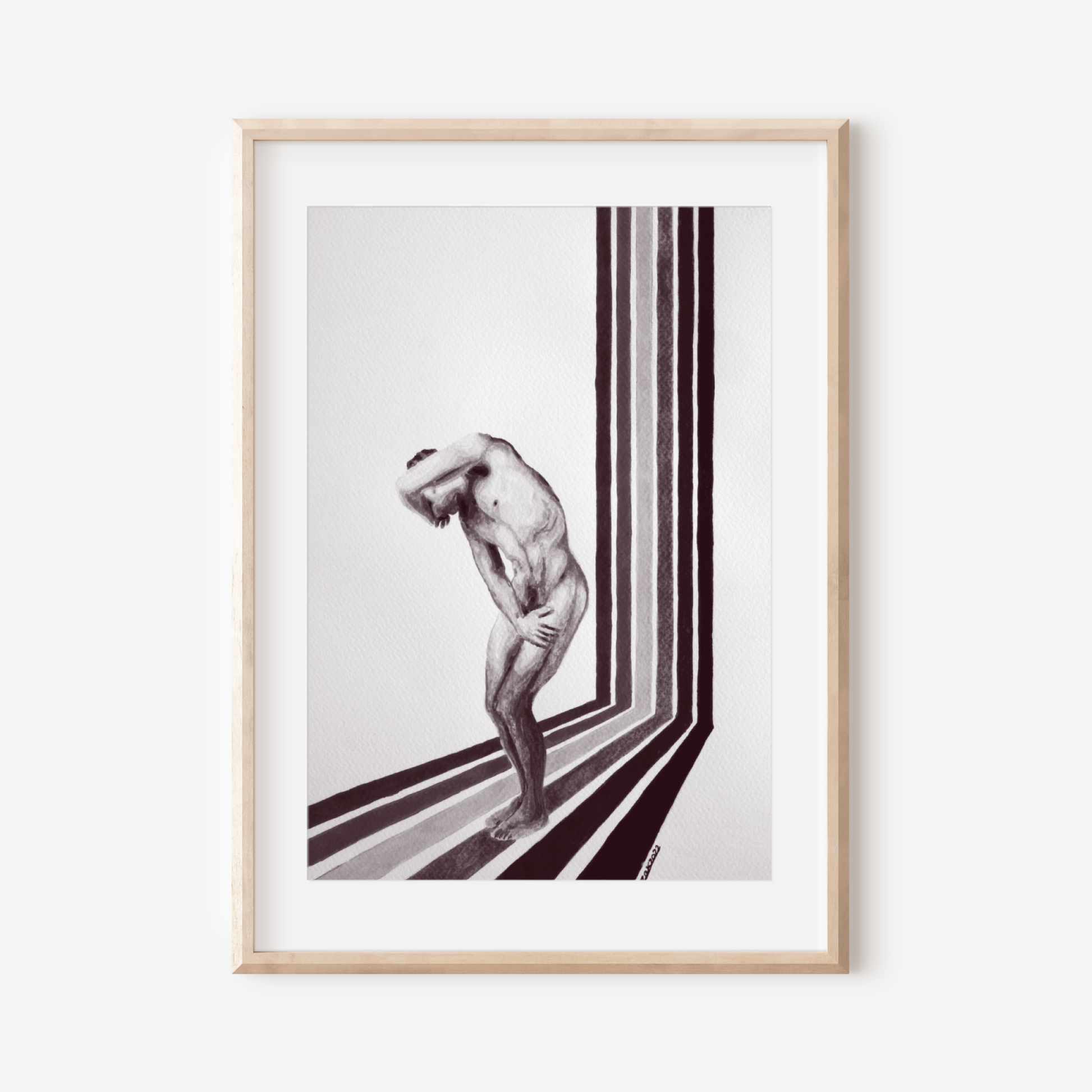 Framed artwork of a nude figure with abstract stripes on a white wall