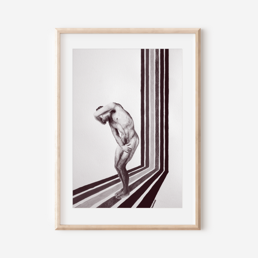 Framed artwork of a nude figure with abstract stripes on a white wall