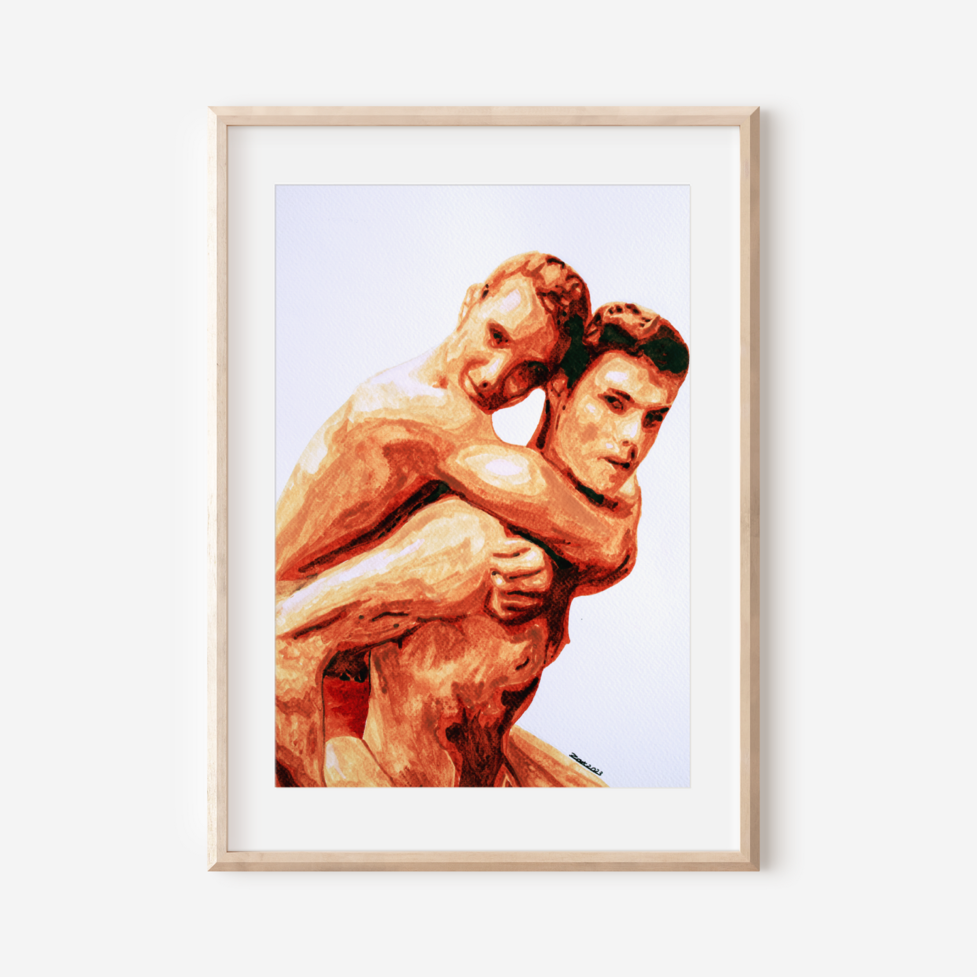 Framed artwork of two muscular figures embracing on a white background