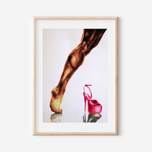 Framed artwork of a leg and a red high heel shoe on a white background