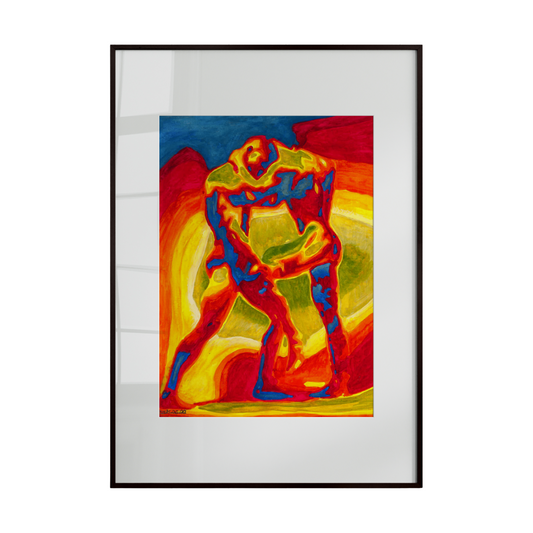 Framed abstract artwork with colorful figures on a white background