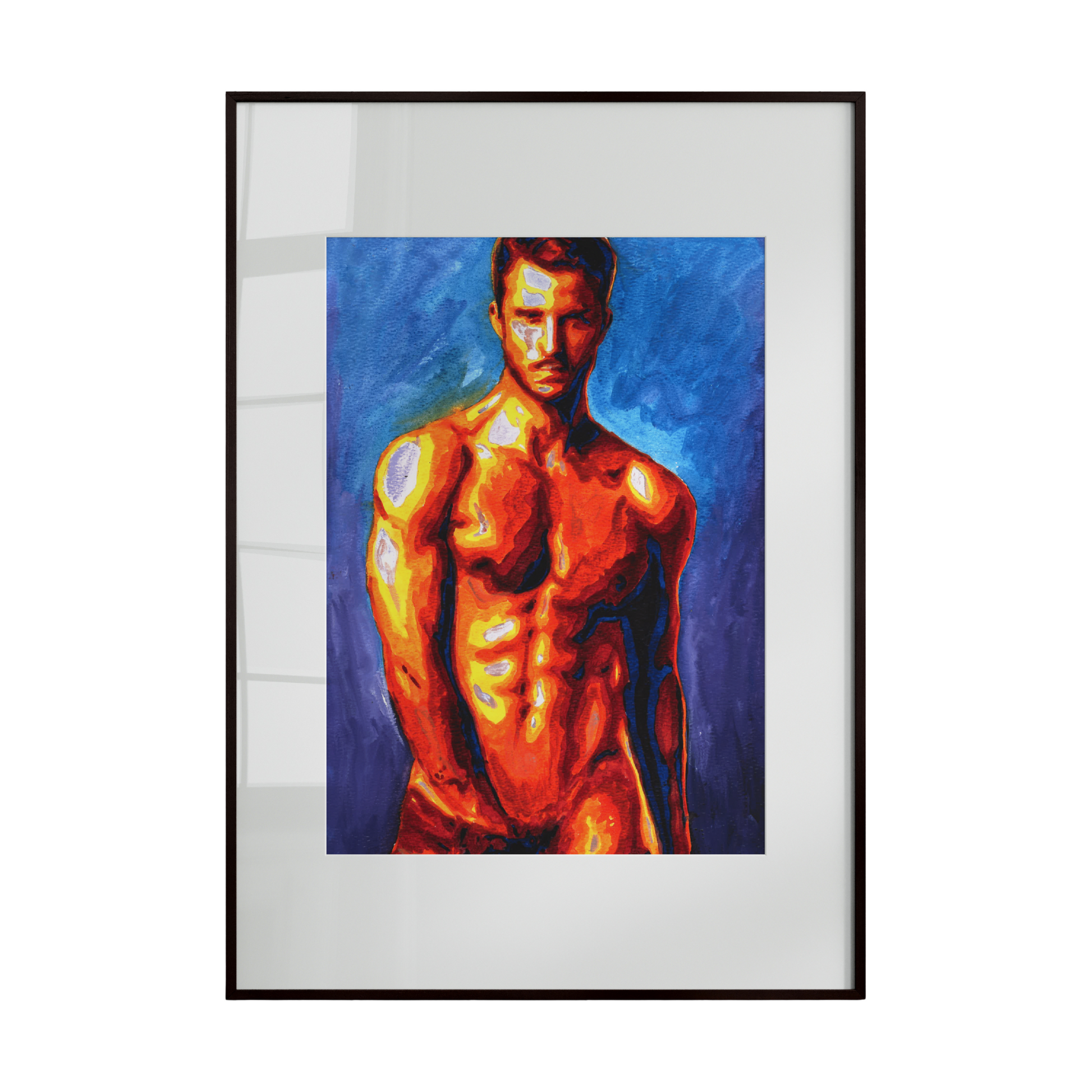 muscular male figure shown shirtless, rendered in layered shades of red that emphasize strength, warmth