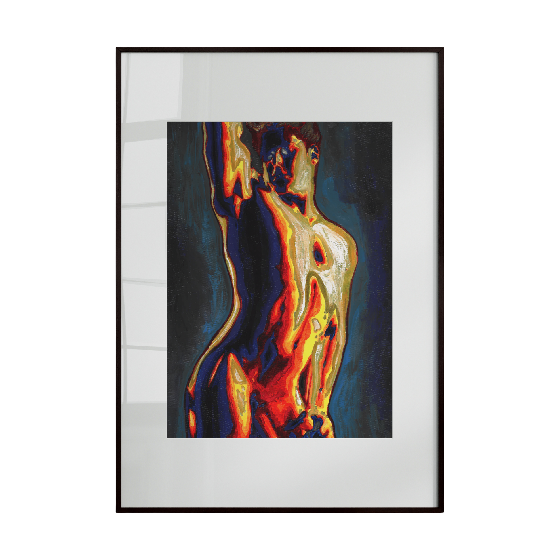 Framed abstract artwork with a human figure on a white background