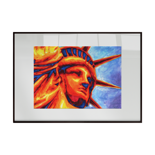 Framed artwork of a stylized Statue of Liberty head with vibrant colors on a white background