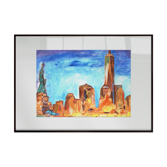 A framed artwork depicting a colorful New York City skyline, with the iconic Statue of Liberty in the foreground and a vibrant blue sky above. The piece captures the energy, freedom, and beauty of the city in a bold, contemporary style.