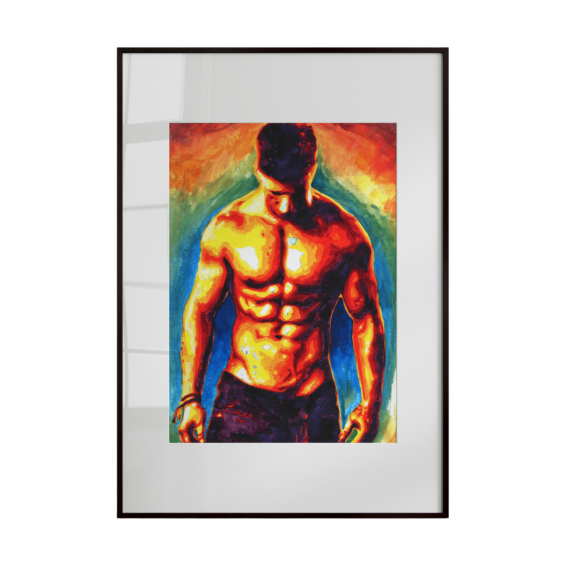 A striking artwork depicting a muscular male figure wearing only jeans, standing upright and gazing downward. A vibrant rainbow reflection illuminates the background, creating a composition that celebrates strength, contemplation, and queer identity through color and form.