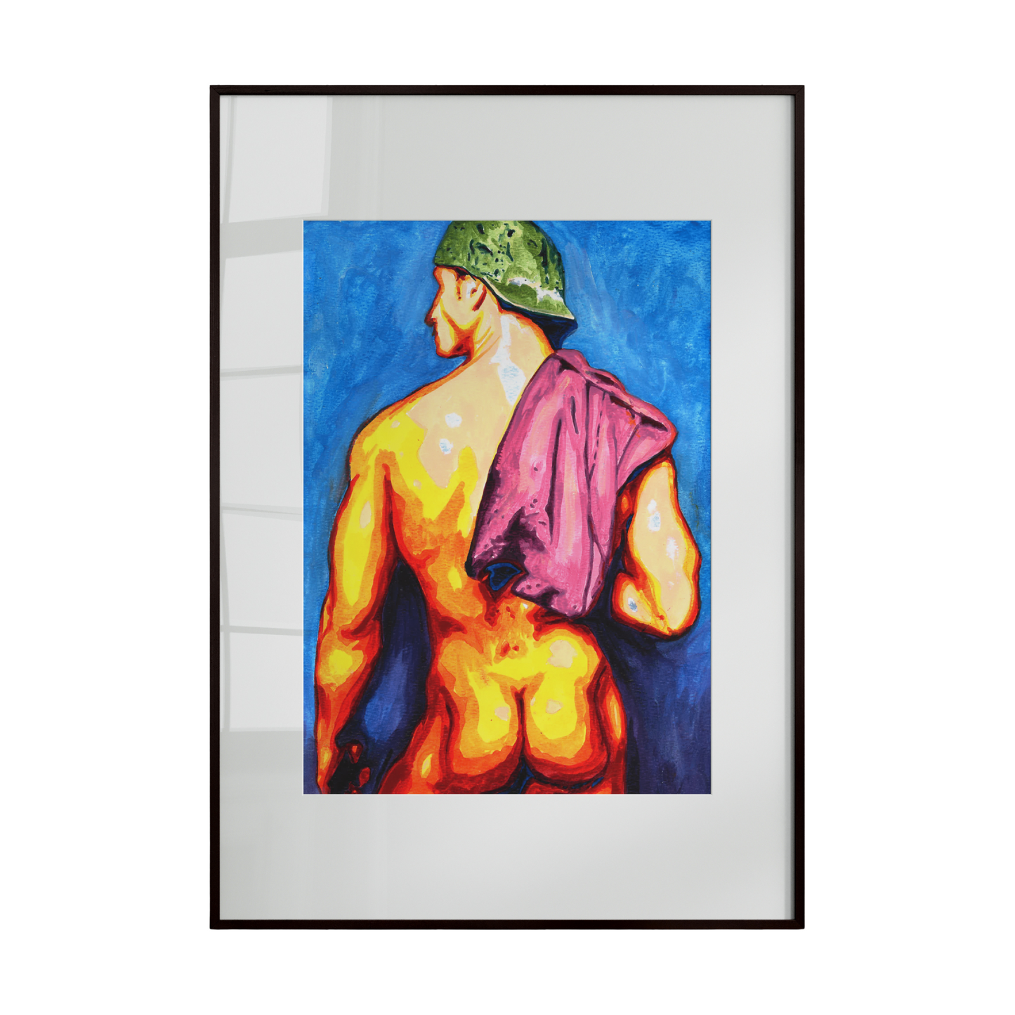 muscular male figure viewed from behind, wearing a helmet and a towel, set against a calm blue background. 