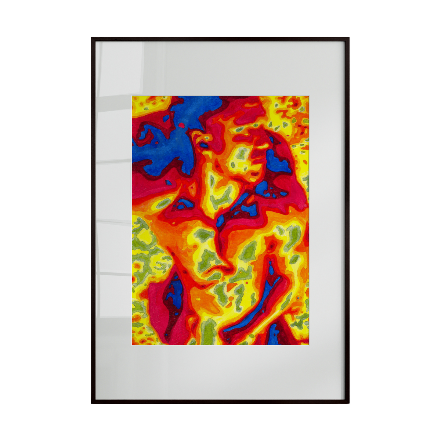 Framed abstract artwork with vibrant colors on a white background