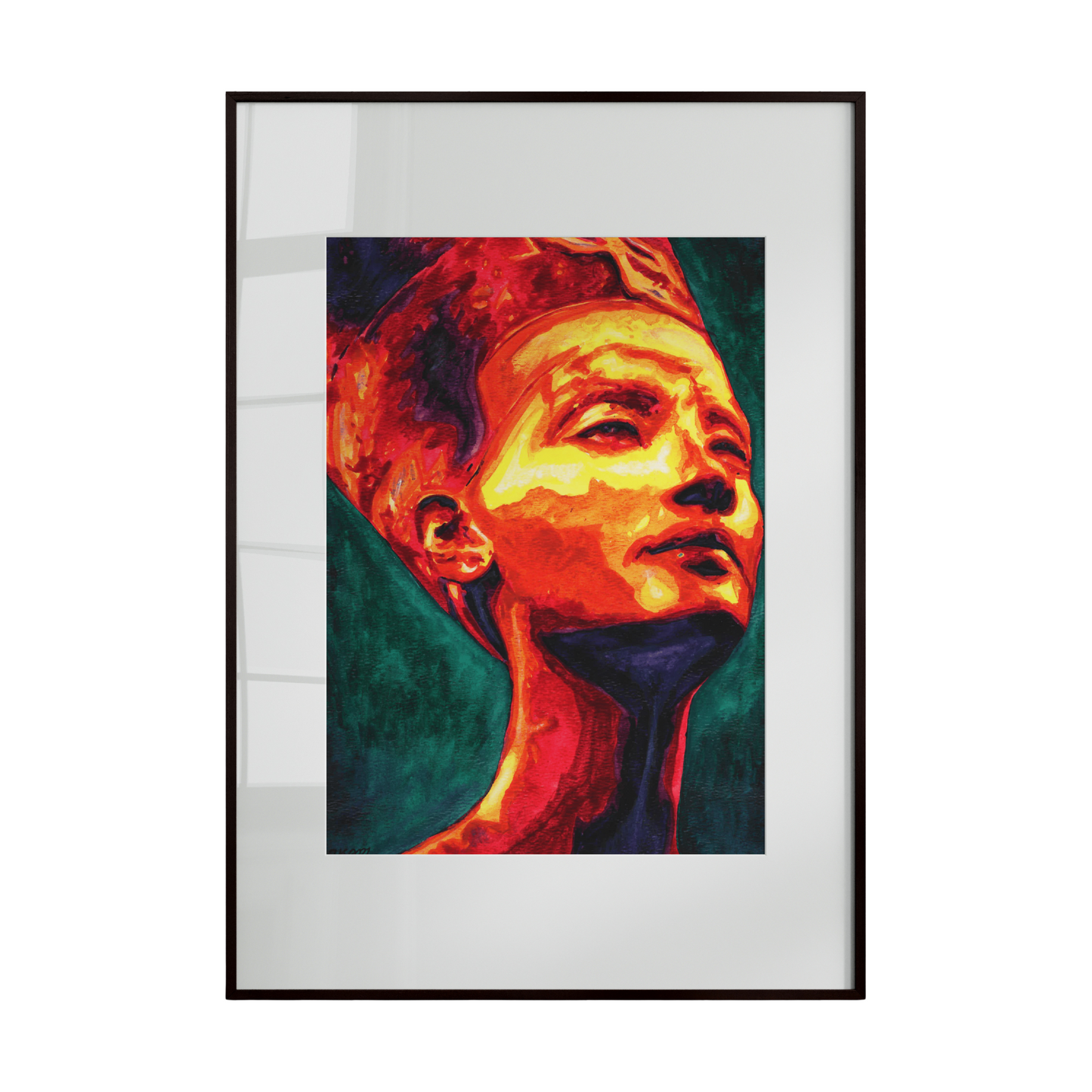 Framed artwork of a stylized portrait with vibrant colors on a white background