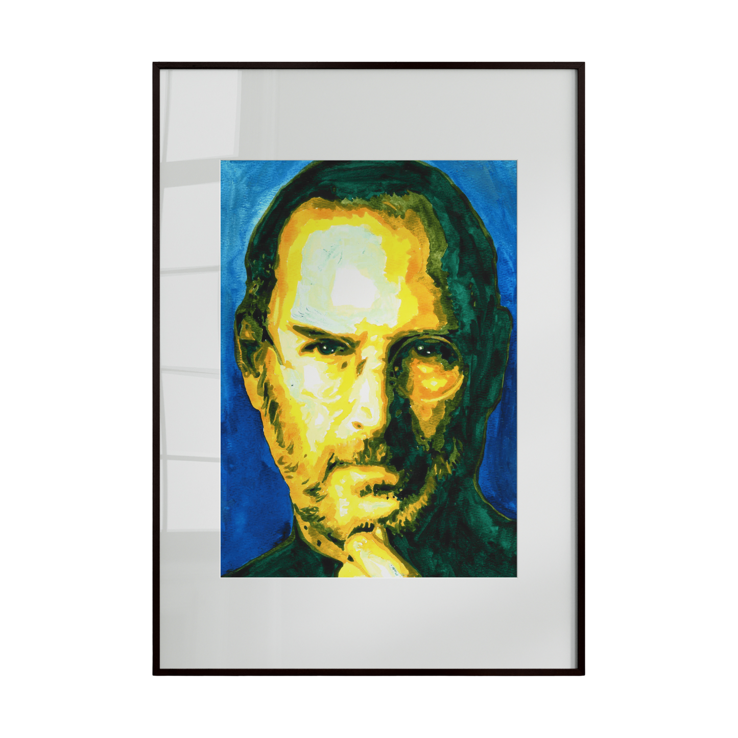 portrays Steve Jobs in a stylized, contemporary approach. Bold lines, abstract shapes, and vibrant colors emphasize his iconic features—glasses, turtleneck, and contemplative expression