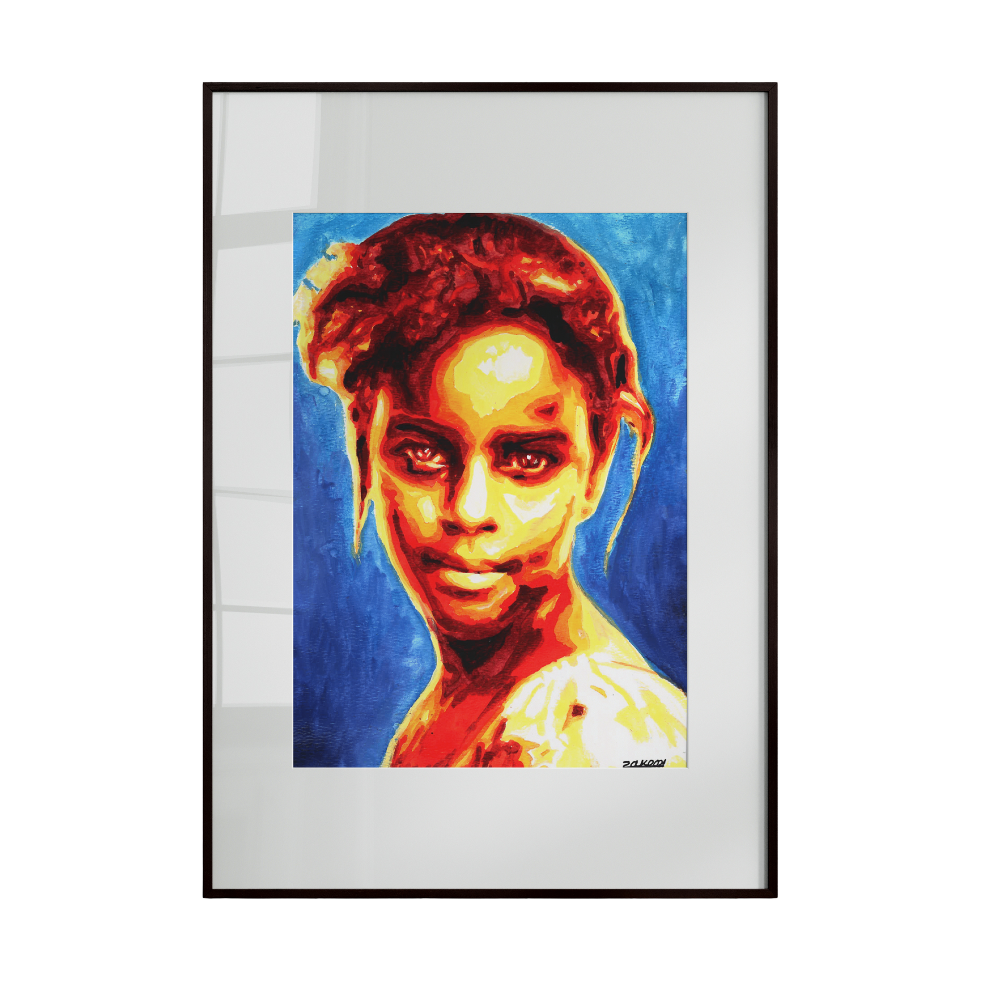 pop art portrait depicts a woman in bold, vibrant colors and stylized shapes characteristic of the pop art movement. Bright, contrasting tones highlight facial features and expressions