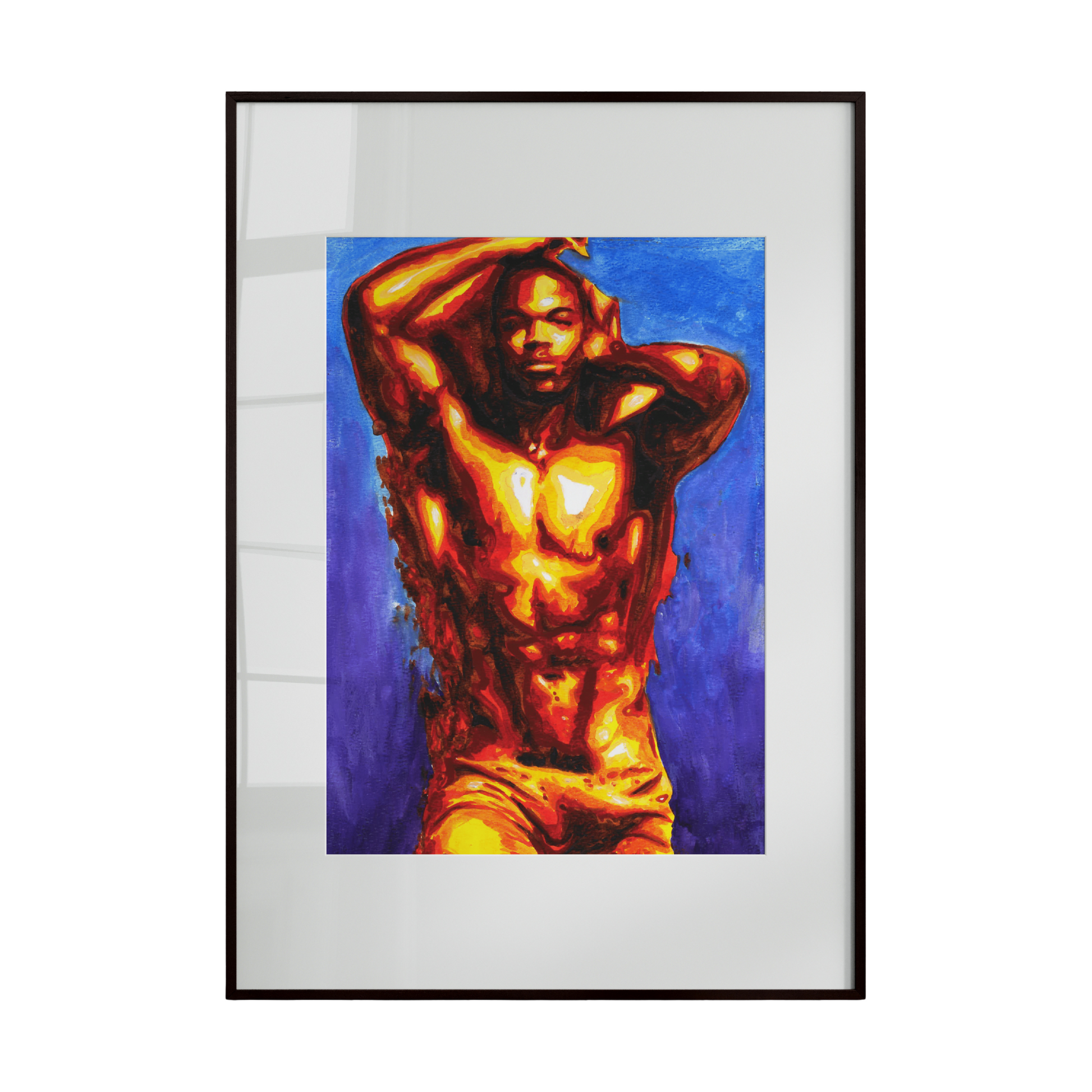 Framed artwork of a muscular figure against a blue background