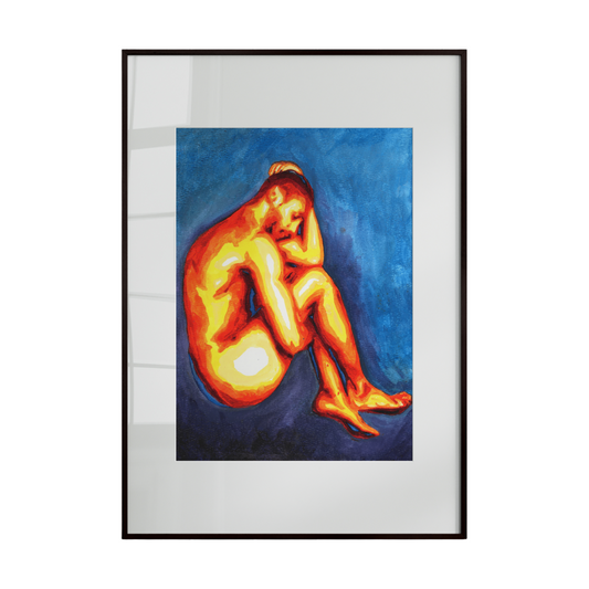 A watercolor artwork depicting a nude male figure sleeping in a curled, fetal-like pose against a blue background. The composition conveys stillness, vulnerability, and calm, with soft lines and cool tones emphasizing introspection and quiet strength.