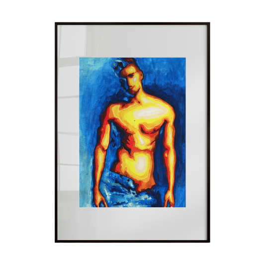 Framed artwork of a shirtless man against a blue background