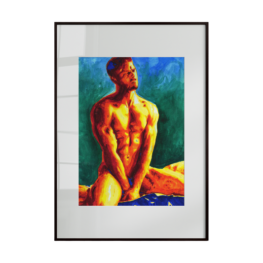 Framed artwork of a shirtless man sitting on a rock with a colorful background.