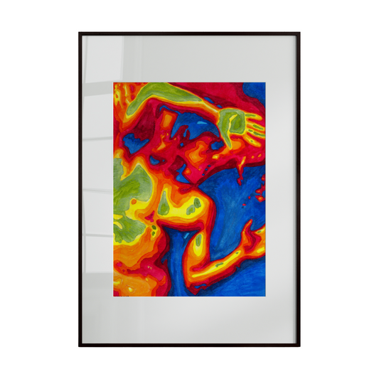 Framed abstract artwork with vibrant colors on a white background