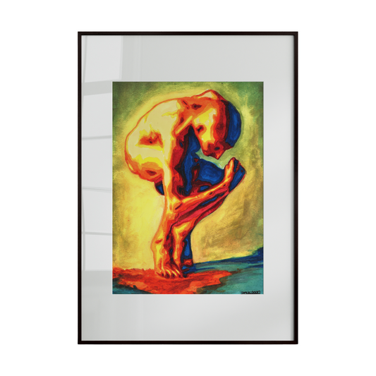 Framed abstract painting with a colorful figure on a white background
