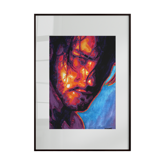 watercolor portrait presents a young man rendered in bold neon hues and high-contrast tones. Vibrant colors illuminate the face, creating a striking visual rhythm that feels energetic and contemporary. 