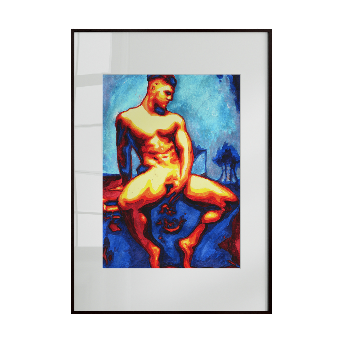 muscular nude man seated on a threshold in a relaxed, unguarded pose. The composition blends warm and cool tones, creating a visual dialogue between strength and softness, tension and calm.
