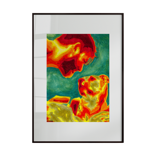 Framed abstract artwork with vibrant colors on a white background