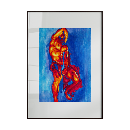 nude figure rendered in vibrant red and orange hues set against a bold blue background. The striking contrast between warm and cool colors creates a powerful sense of energy and visual tension,