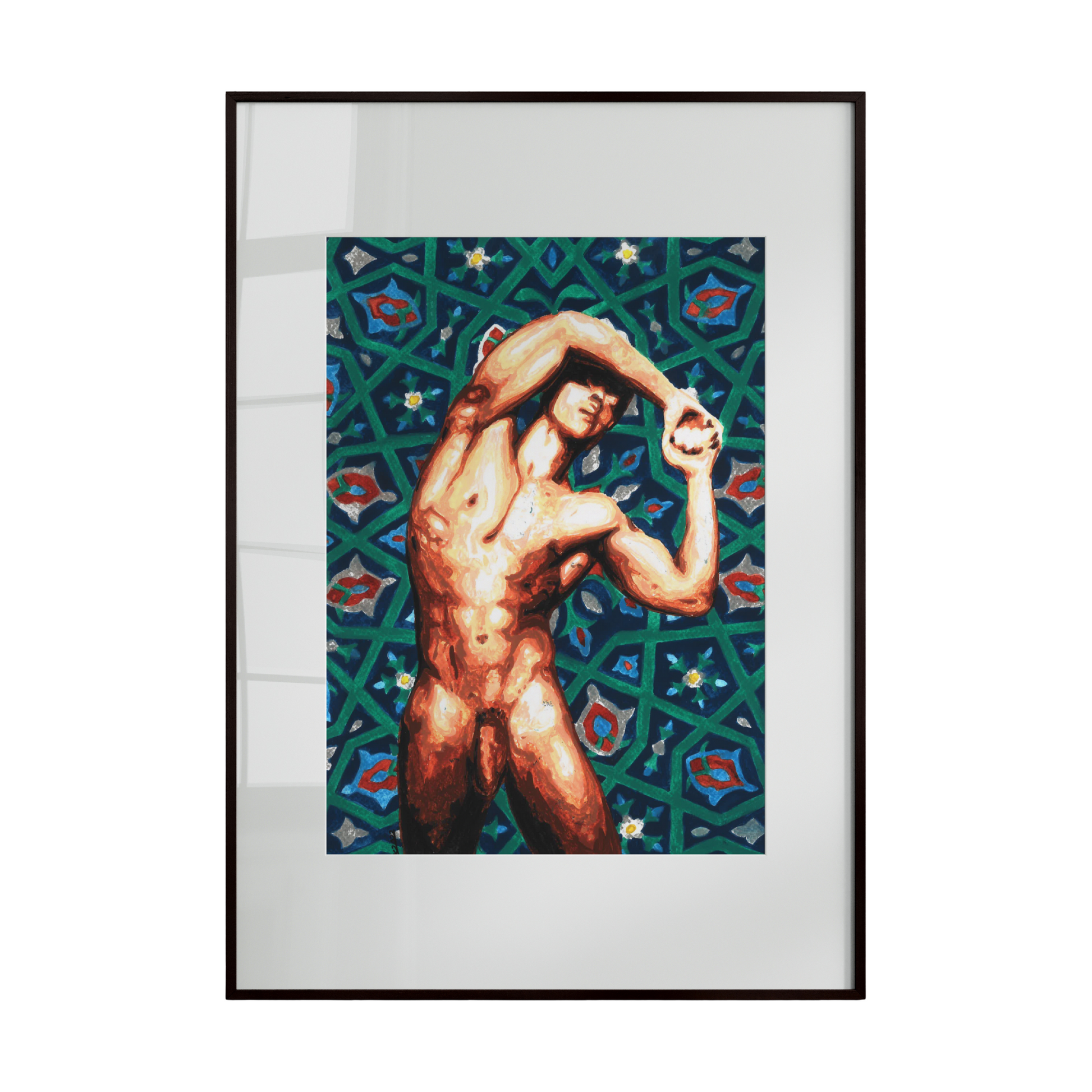 A vibrant, colorful artwork depicting a nude male figure in a dynamic, erotic pose. Set against a richly patterned background, the composition captures playfulness and sensuality, celebrating homoerotic art with bold expression and visual energy.