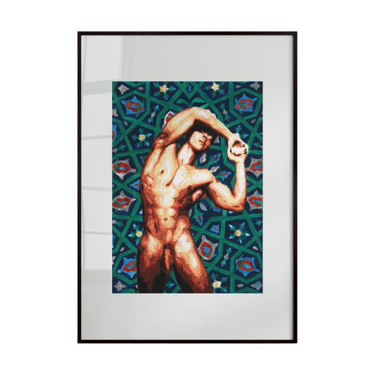 A vibrant, colorful artwork depicting a nude male figure in a dynamic, erotic pose. Set against a richly patterned background, the composition captures playfulness and sensuality, celebrating homoerotic art with bold expression and visual energy.