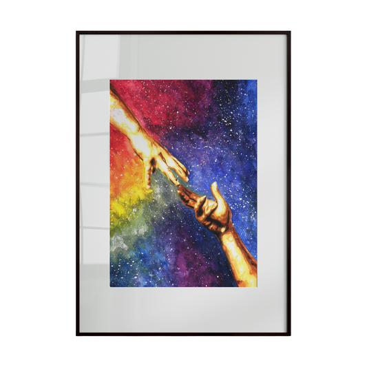 two hands gently touching, inspired by the expressive style of Michael Enko. Set against a cosmic, abstract background,