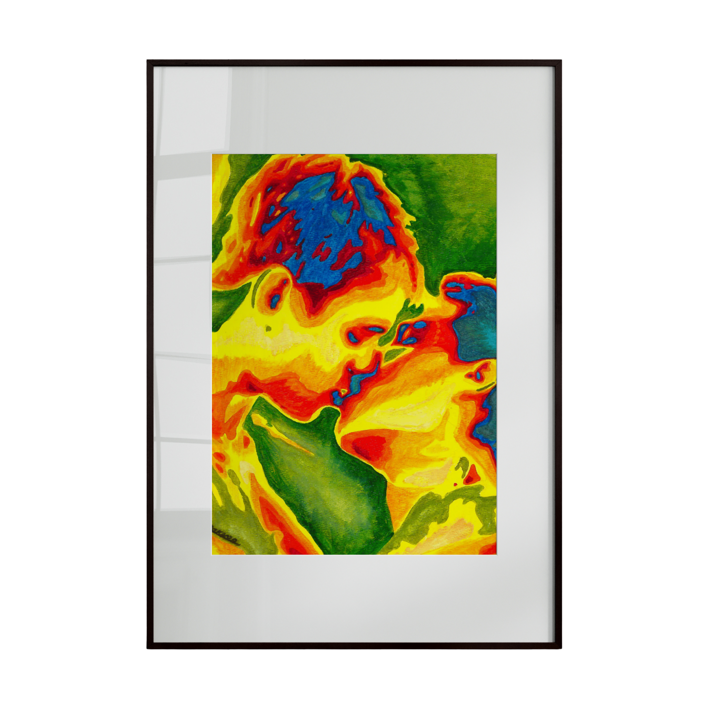 two male faces leaning close, conveying intimacy and emotional connection. Warm and cool tones blend softly across the composition, creating a sense of movement and depth.