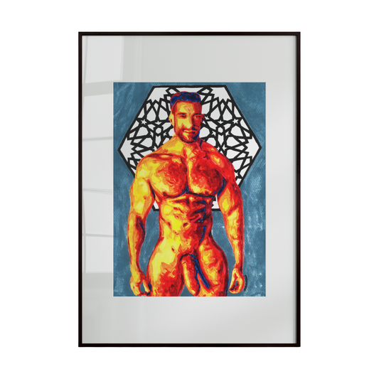 A framed artwork depicting a muscular male figure integrated with abstract design elements. Bold shapes and expressive colors interact with the human form, creating a dynamic composition that explores strength, movement, and modern artistic expression.