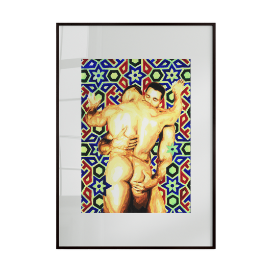Framed artwork of two nude figures against a colorful geometric pattern