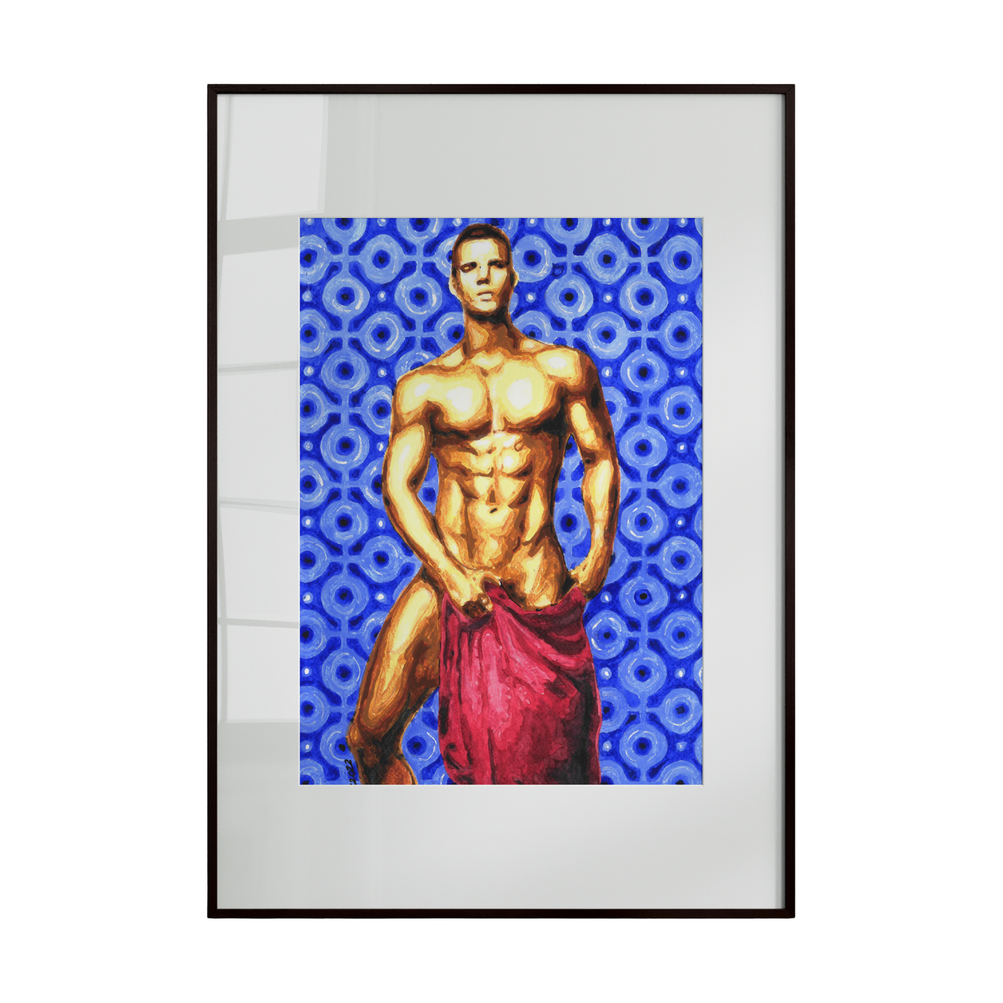 This artwork depicts a nude figure partially covered with a warm-colored cloth around the lower body, standing against a blue mosaic wall. The composition highlights contrast between fabric, skin, and geometric background, blending human form with structured, decorative elements.
