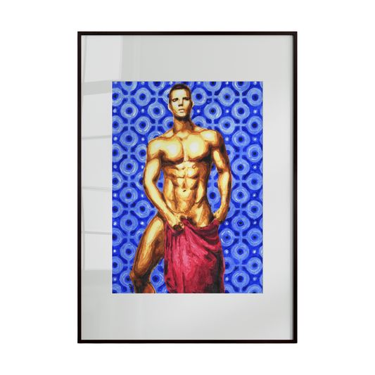 This artwork depicts a nude figure partially covered with a warm-colored cloth around the lower body, standing against a blue mosaic wall. The composition highlights contrast between fabric, skin, and geometric background, blending human form with structured, decorative elements.