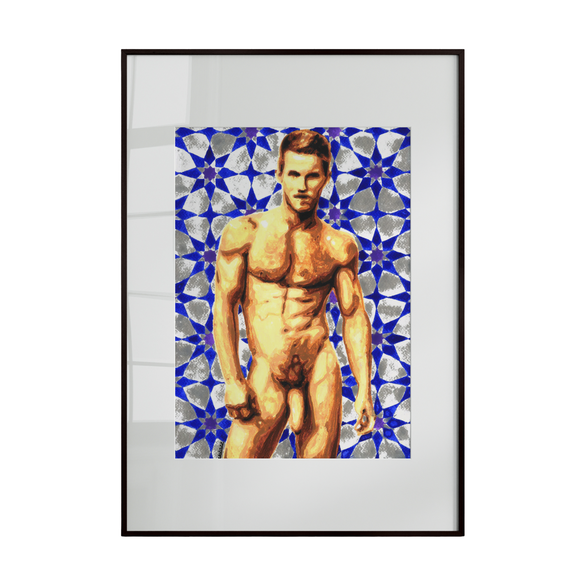 A watercolor artwork depicting a nude male figure against a white and blue mosaic background, reminiscent of traditional Turkish bath tiles. The intricate geometric patterns contrast with the warmth and softness of the human form, blending cultural heritage with expressive contemporary artistry.