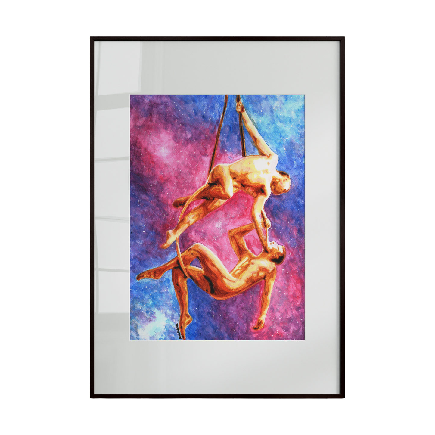 Framed artwork of two acrobats against a colorful abstract background