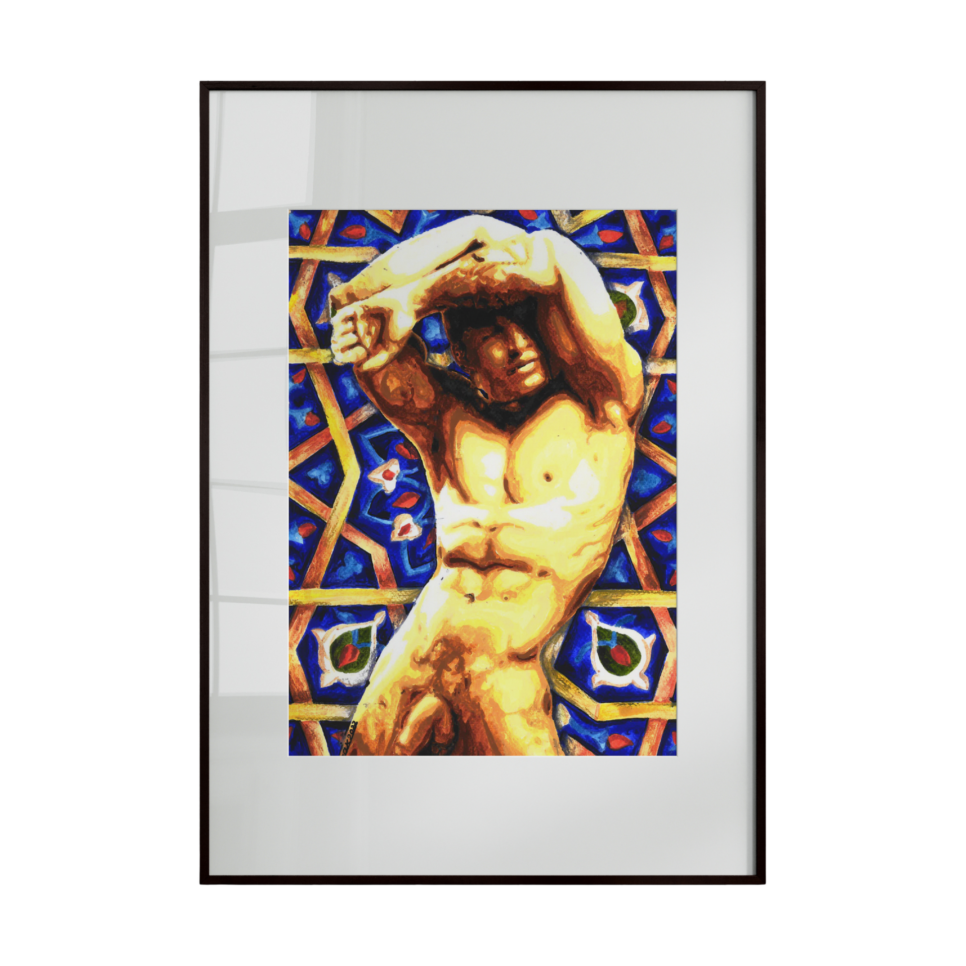 Framed artwork of a classical statue with a colorful geometric pattern on a white background