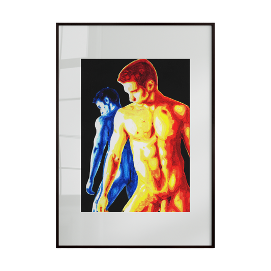A watercolor painting depicting a single nude male figure rendered in warm tones, with his reflection in cool hues against a deep black background. The artwork highlights contrast, introspection, and the striking beauty of the human form in a minimalist yet expressive composition.
