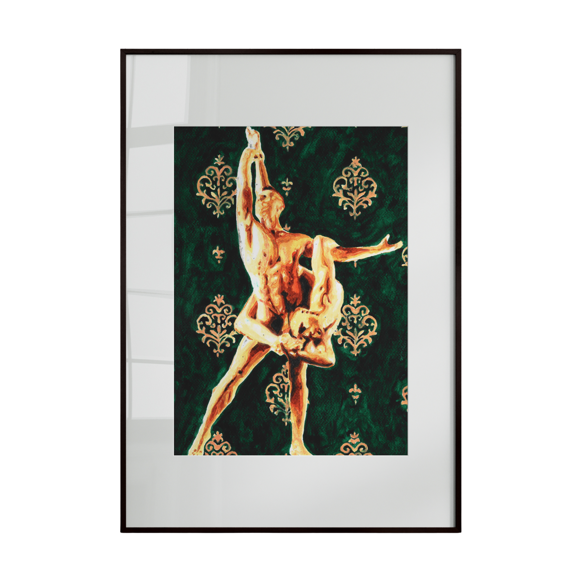 Framed artwork of a dancer on a green background with gold accents